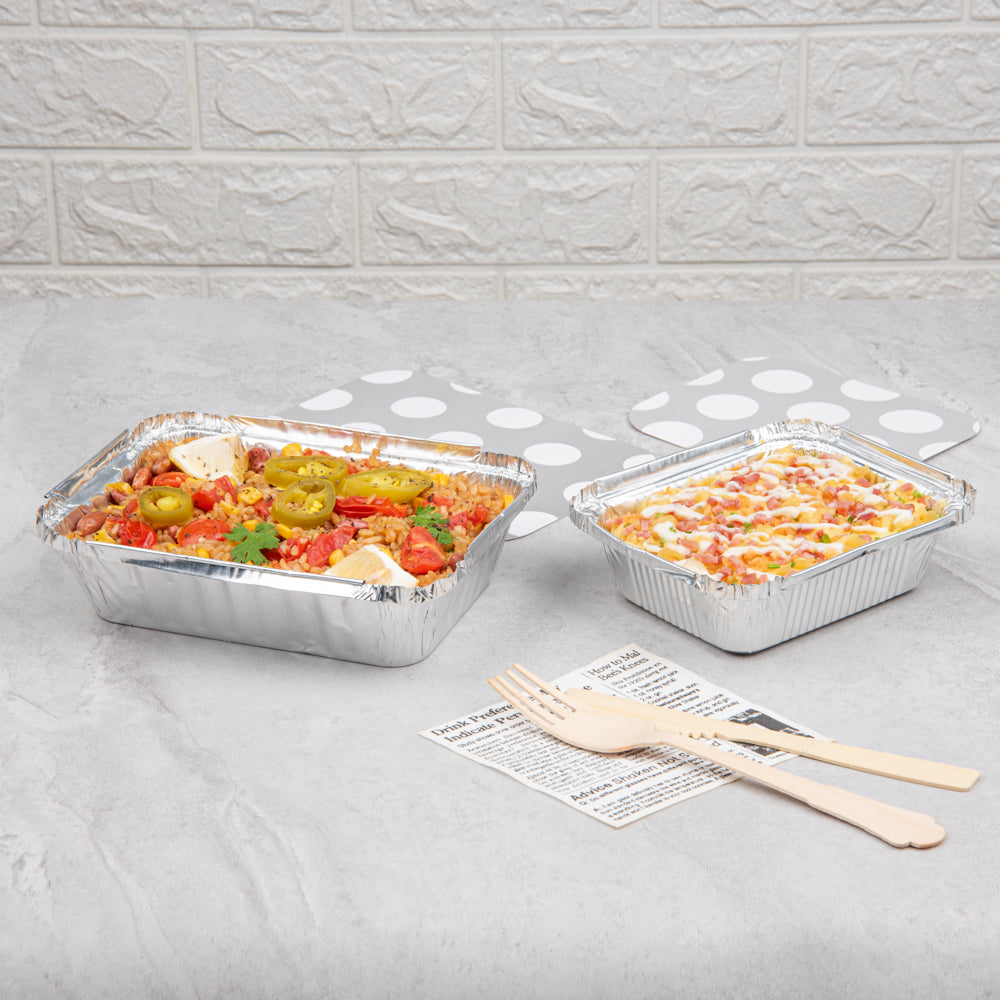Foil Lux 16 oz Rectangle Silver Aluminum Take Out Container - with Polka Dot Paper Lid - 7 1/4" x 5 1/4" x 2" - 200 count box