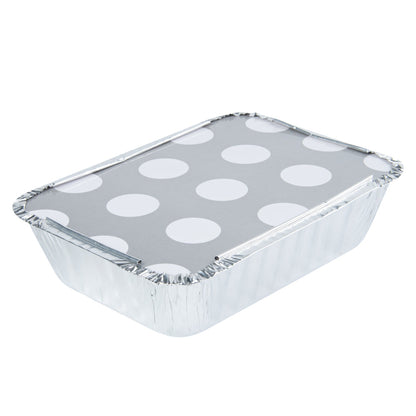 Foil Lux 16 oz Rectangle Silver Aluminum Take Out Container - Polka Dot Paper Lid - 7 1/4" x 5 1/4" x 2" - 50 count box