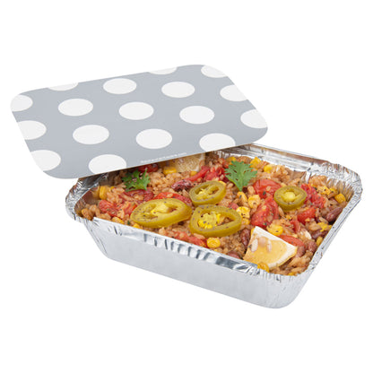 Foil Lux 16 oz Rectangle Silver Aluminum Take Out Container - Polka Dot Paper Lid - 7 1/4" x 5 1/4" x 2" - 50 count box