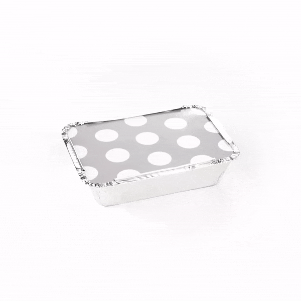 Foil Lux 16 oz Rectangle Silver Aluminum Take Out Container - Polka Dot Paper Lid - 7 1/4" x 5 1/4" x 2" - 50 count box