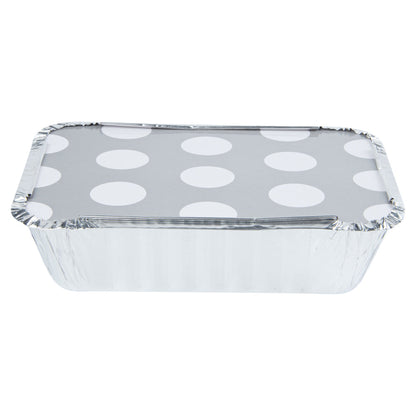 Foil Lux 16 oz Rectangle Silver Aluminum Take Out Container - Polka Dot Paper Lid - 7 1/4" x 5 1/4" x 2" - 50 count box