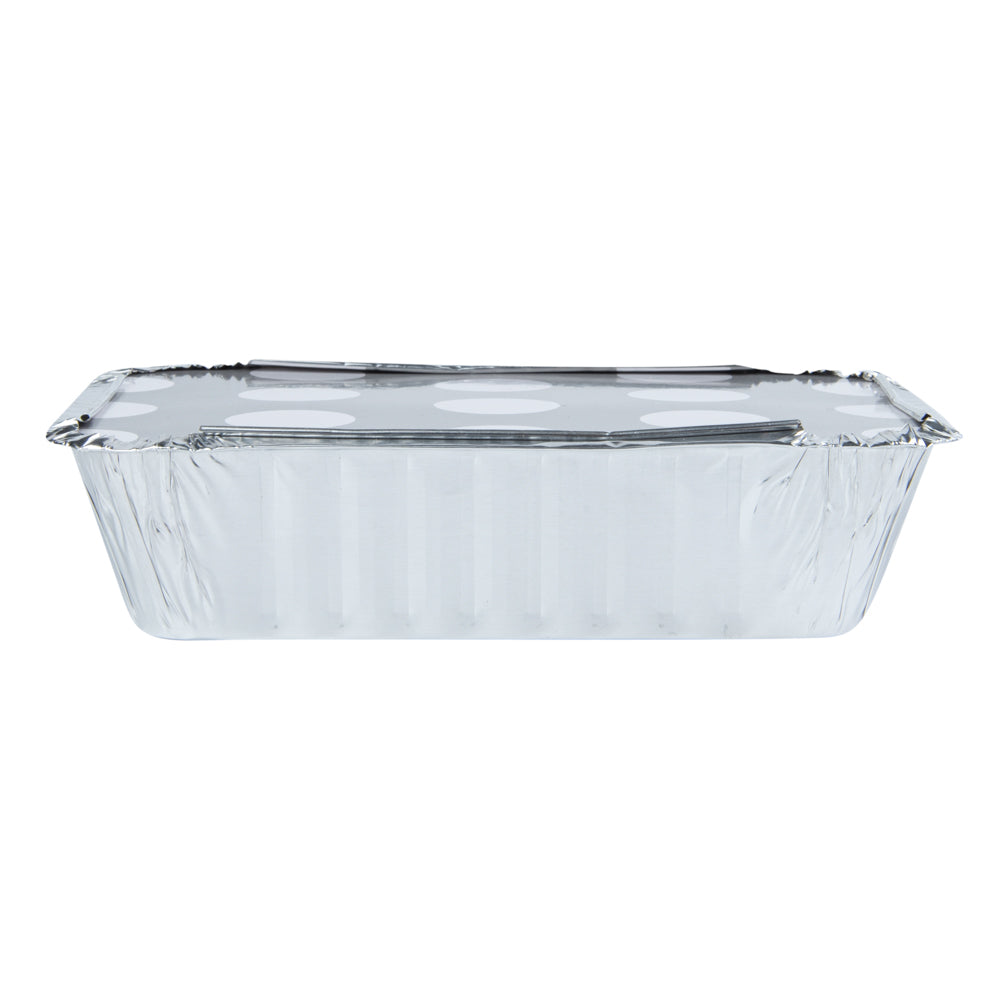 Foil Lux 16 oz Rectangle Silver Aluminum Take Out Container - Polka Dot Paper Lid - 7 1/4" x 5 1/4" x 2" - 50 count box