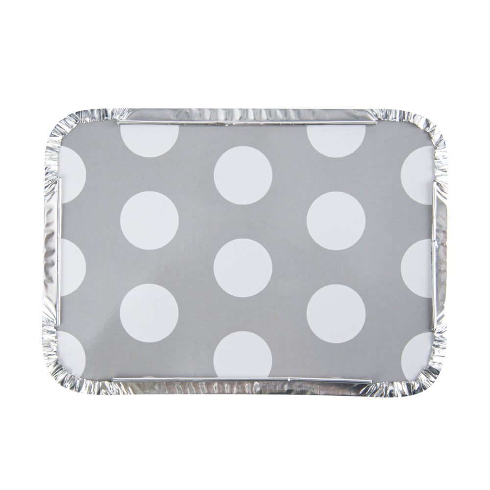 Foil Lux 16 oz Rectangle Silver Aluminum Take Out Container - Polka Dot Paper Lid - 7 1/4" x 5 1/4" x 2" - 50 count box