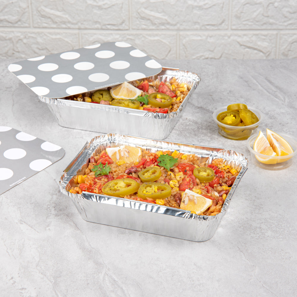 Foil Lux 16 oz Rectangle Silver Aluminum Take Out Container - Polka Dot Paper Lid - 7 1/4" x 5 1/4" x 2" - 50 count box