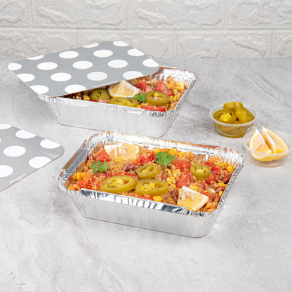 Foil Lux 16 oz Rectangle Silver Aluminum Take Out Container - Polka Dot Paper Lid - 7 1/4" x 5 1/4" x 2" - 50 count box