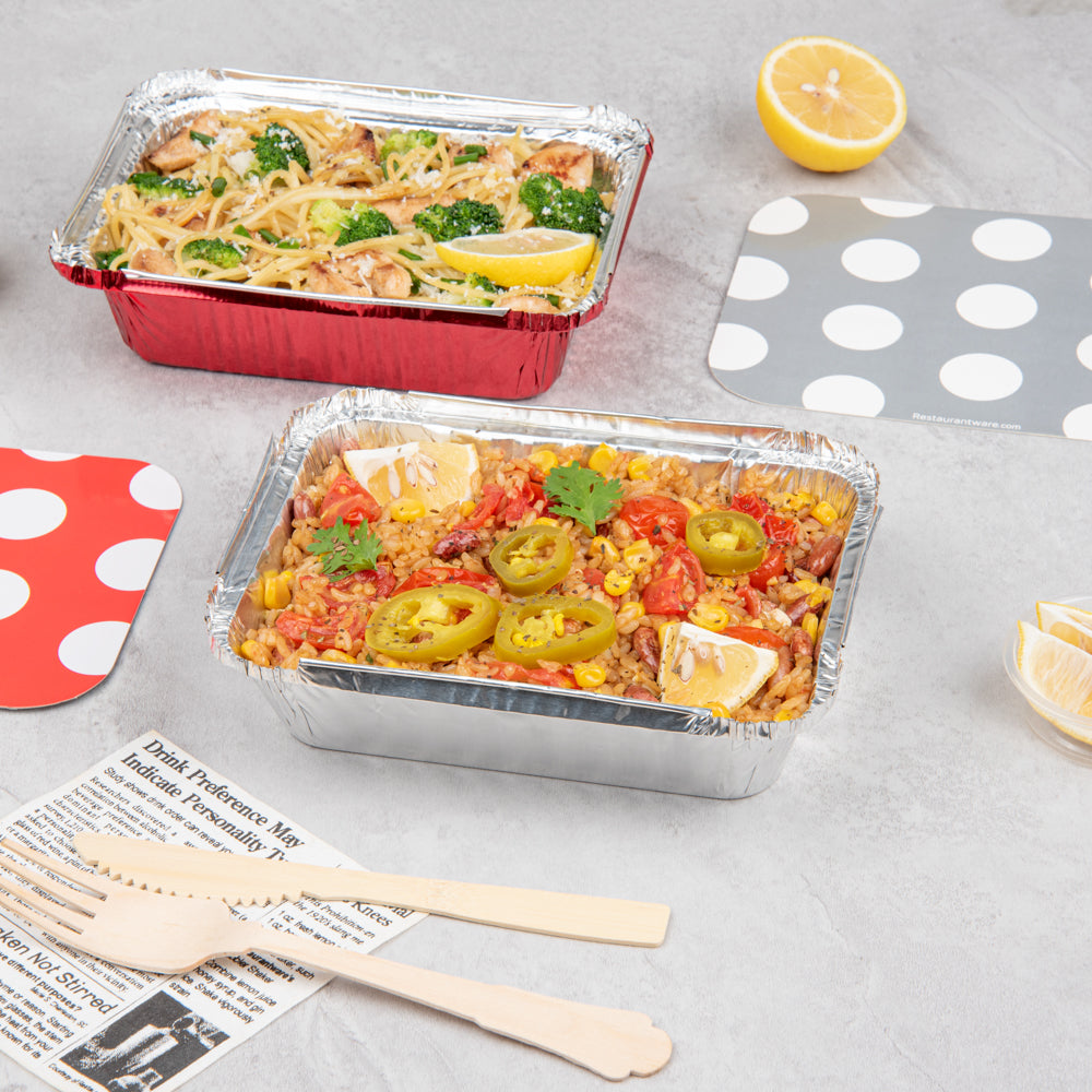 Foil Lux 16 oz Rectangle Silver Aluminum Take Out Container - Polka Dot Paper Lid - 7 1/4" x 5 1/4" x 2" - 50 count box