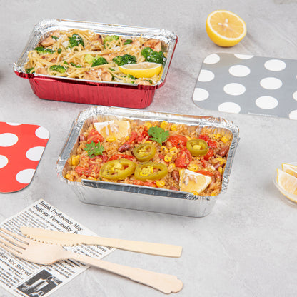 Foil Lux 16 oz Rectangle Silver Aluminum Take Out Container - Polka Dot Paper Lid - 7 1/4" x 5 1/4" x 2" - 50 count box
