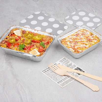 Foil Lux 16 oz Rectangle Silver Aluminum Take Out Container - Polka Dot Paper Lid - 7 1/4" x 5 1/4" x 2" - 50 count box