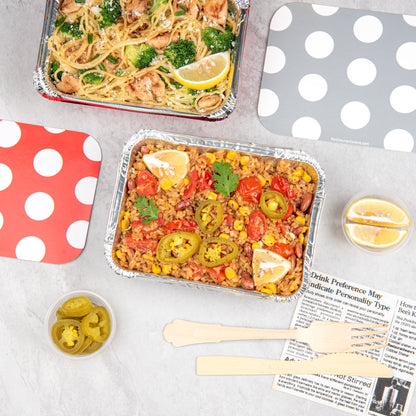 Foil Lux 16 oz Rectangle Silver Aluminum Take Out Container - with Polka Dot Paper Lid - 7 1/4" x 5 1/4" x 2" - 200 count box