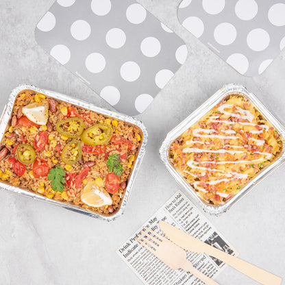 Foil Lux 16 oz Rectangle Silver Aluminum Take Out Container - with Polka Dot Paper Lid - 7 1/4" x 5 1/4" x 2" - 200 count box