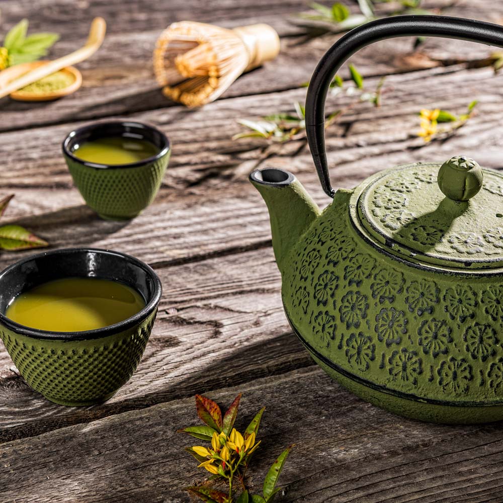 Tetsubin 30 oz Green Cast Iron Teapot - Cherry Blossom - 7 1/2" x 6 1/2" x 4 1/2" - 1 count box