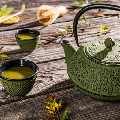 Tetsubin 30 oz Green Cast Iron Teapot - Cherry Blossom - 7 1/2" x 6 1/2" x 4 1/2" - 1 count box