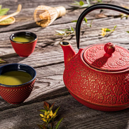Tetsubin 30 oz Red Cast Iron Teapot - Cherry Blossom - 7 1/2" x 6 1/2" x 4 1/2" - 1 count box