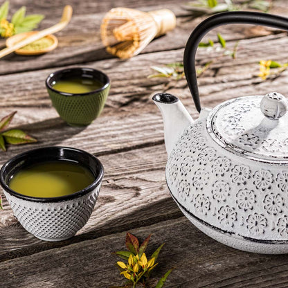 Tetsubin 30 oz White Cast Iron Teapot - Cherry Blossom - 7 1/2" x 6 1/2" x 4 1/2" - 1 count box