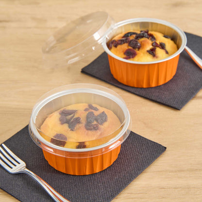Foil Lux Round Clear Plastic Flat Lid - Fits 4 oz Aluminum Baking Cup - 3 1/2" x 3 1/2" - 100 count box