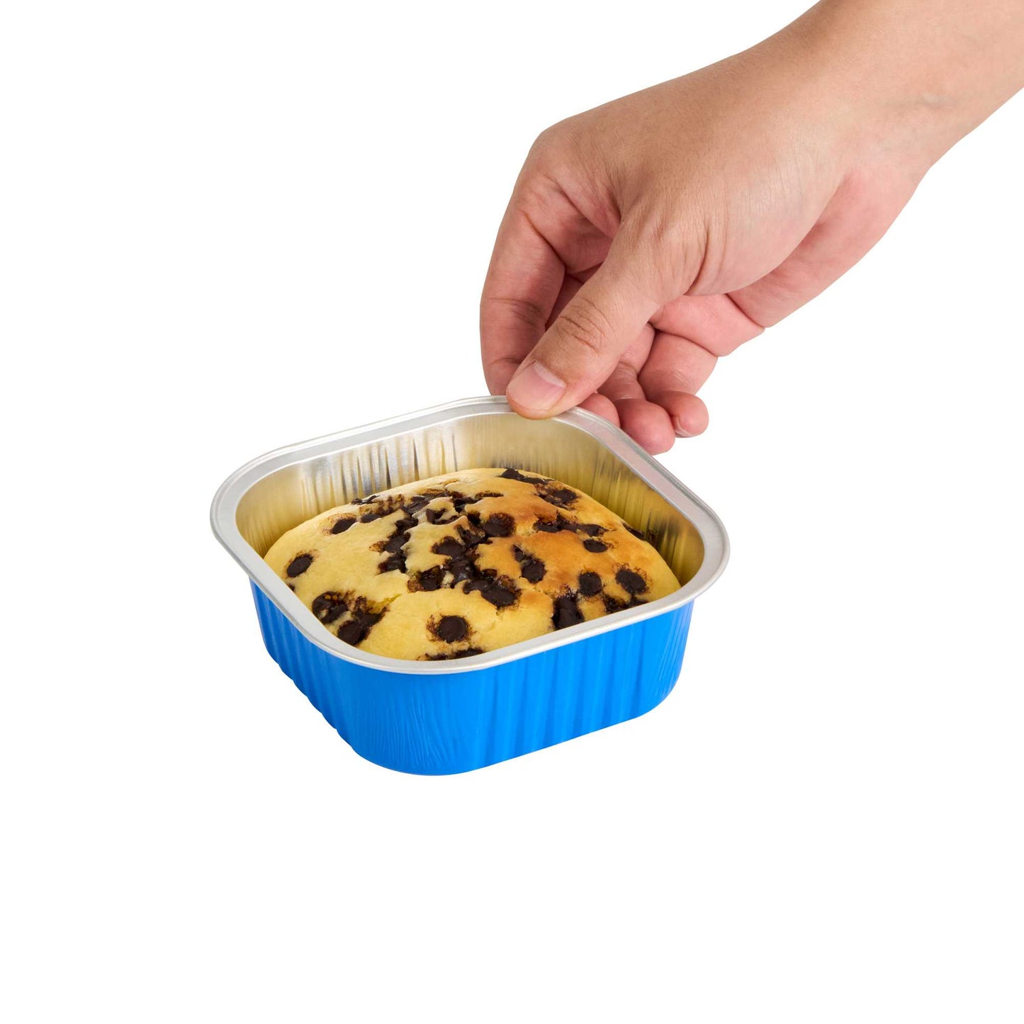 Foil Lux 10 oz Square Blue Aluminum Baking Cup - 4 1/4" x 4 1/4" x 1 1/2" - 100 count box