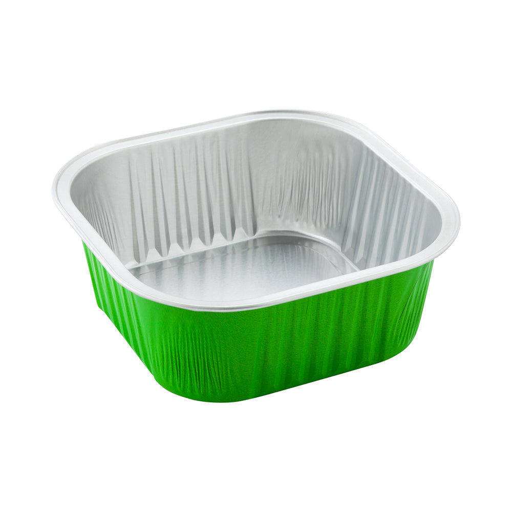 Foil Lux 10 oz Square Lime Green Aluminum Baking Cup - 4 1/4" x 4 1/4" x 1 1/2" - 100 count box