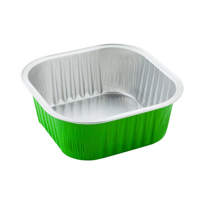 Foil Lux 10 oz Square Lime Green Aluminum Baking Cup - 4 1/4" x 4 1/4" x 1 1/2" - 100 count box