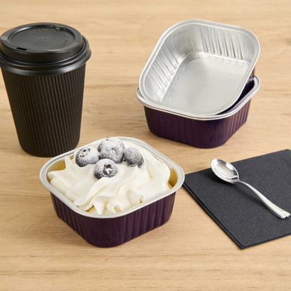 Foil Lux 10 oz Square Purple Aluminum Baking Cup - 4 1/4" x 4 1/4" x 1 1/2" - 100 count box