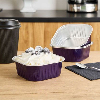 Foil Lux 10 oz Square Purple Aluminum Baking Cup - 4 1/4" x 4 1/4" x 1 1/2" - 100 count box