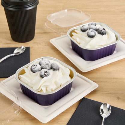 Foil Lux 10 oz Square Purple Aluminum Baking Cup - 4 1/4" x 4 1/4" x 1 1/2" - 100 count box