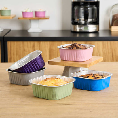 Foil Lux 10 oz Square Purple Aluminum Baking Cup - 4 1/4" x 4 1/4" x 1 1/2" - 100 count box