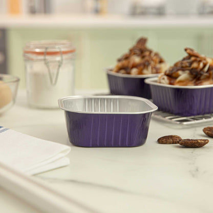 Foil Lux 10 oz Square Purple Aluminum Baking Cup - 4 1/4" x 4 1/4" x 1 1/2" - 100 count box