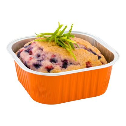 Foil Lux 10 oz Square Orange Aluminum Baking Cup - 4 1/4" x 4 1/4" x 1 1/2" - 100 count box