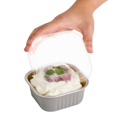 Foil Lux Square Clear Plastic Dome Lid - Fits 10 oz Aluminum Baking Cup - 4 1/2" x 4 1/2" x 1" - 100 count box