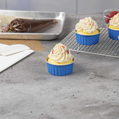 Foil Lux 4 oz Round Blue Aluminum Baking Cup - Lids Available - 3 1/4" x 3 1/4" x 1 1/2" - 100 count box