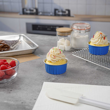 Foil Lux 4 oz Round Blue Aluminum Baking Cup - Lids Available - 3 1/4" x 3 1/4" x 1 1/2" - 100 count box