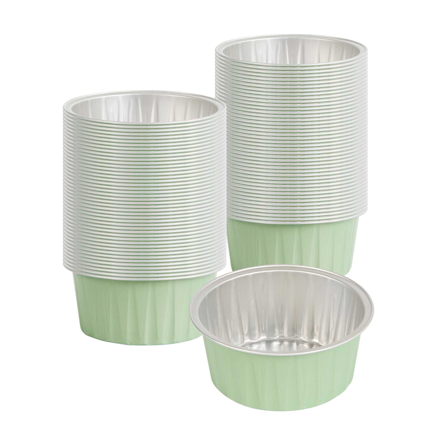 Foil Lux 4 oz Round Pistachio Green Aluminum Baking Cup - Lids Available - 3 1/4" x 3 1/4" x 1 1/2" - 100 count box