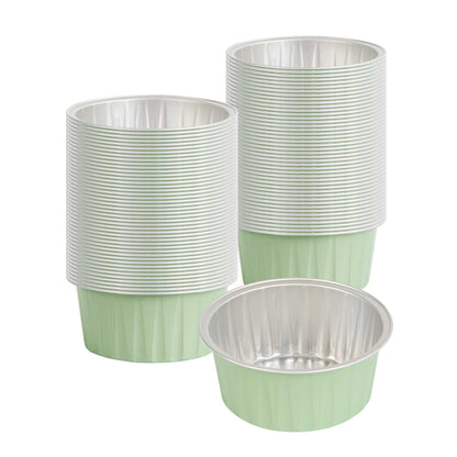 Foil Lux 4 oz Round Pistachio Green Aluminum Baking Cup - Lids Available - 3 1/4" x 3 1/4" x 1 1/2" - 100 count box