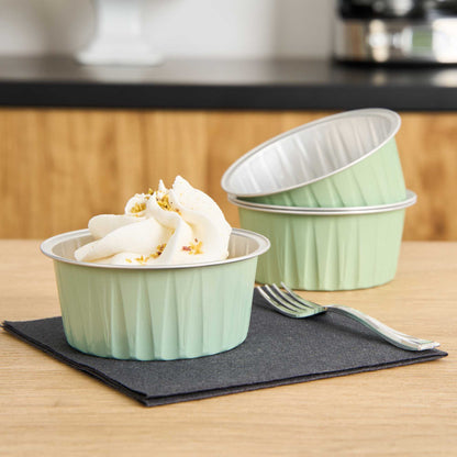 Foil Lux 4 oz Round Pistachio Green Aluminum Baking Cup - Lids Available - 3 1/4" x 3 1/4" x 1 1/2" - 100 count box