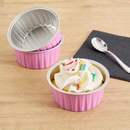 Foil Lux 4 oz Round Pink Aluminum Baking Cup - Lids Available - 3 1/4" x 3 1/4" x 1 1/2" - 100 count box