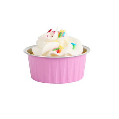 Foil Lux 4 oz Round Pink Aluminum Baking Cup - Lids Available - 3 1/4" x 3 1/4" x 1 1/2" - 100 count box