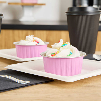 Foil Lux 4 oz Round Pink Aluminum Baking Cup - Lids Available - 3 1/4" x 3 1/4" x 1 1/2" - 100 count box