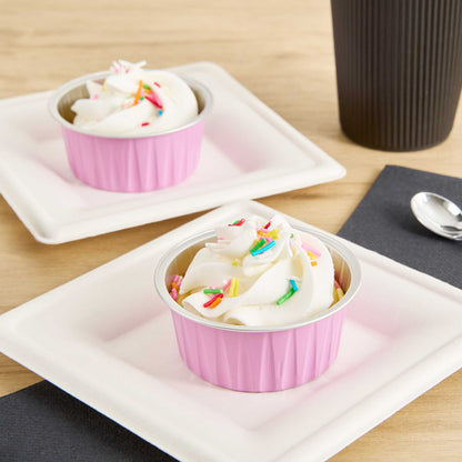 Foil Lux 4 oz Round Pink Aluminum Baking Cup - Lids Available - 3 1/4" x 3 1/4" x 1 1/2" - 100 count box
