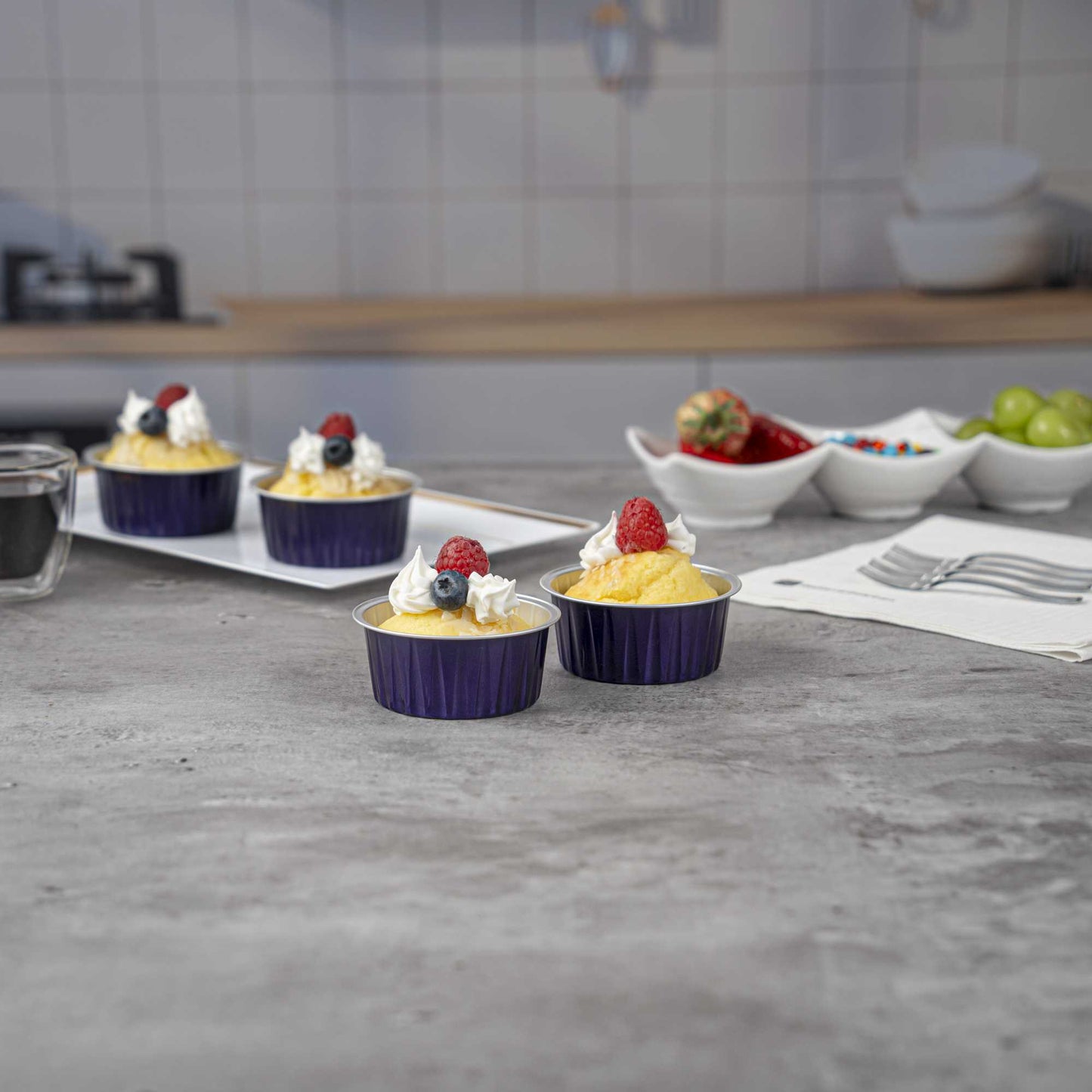 Foil Lux 4 oz Round Purple Aluminum Baking Cup - Lids Available - 3 1/4" x 3 1/4" x 1 1/2" - 100 count box
