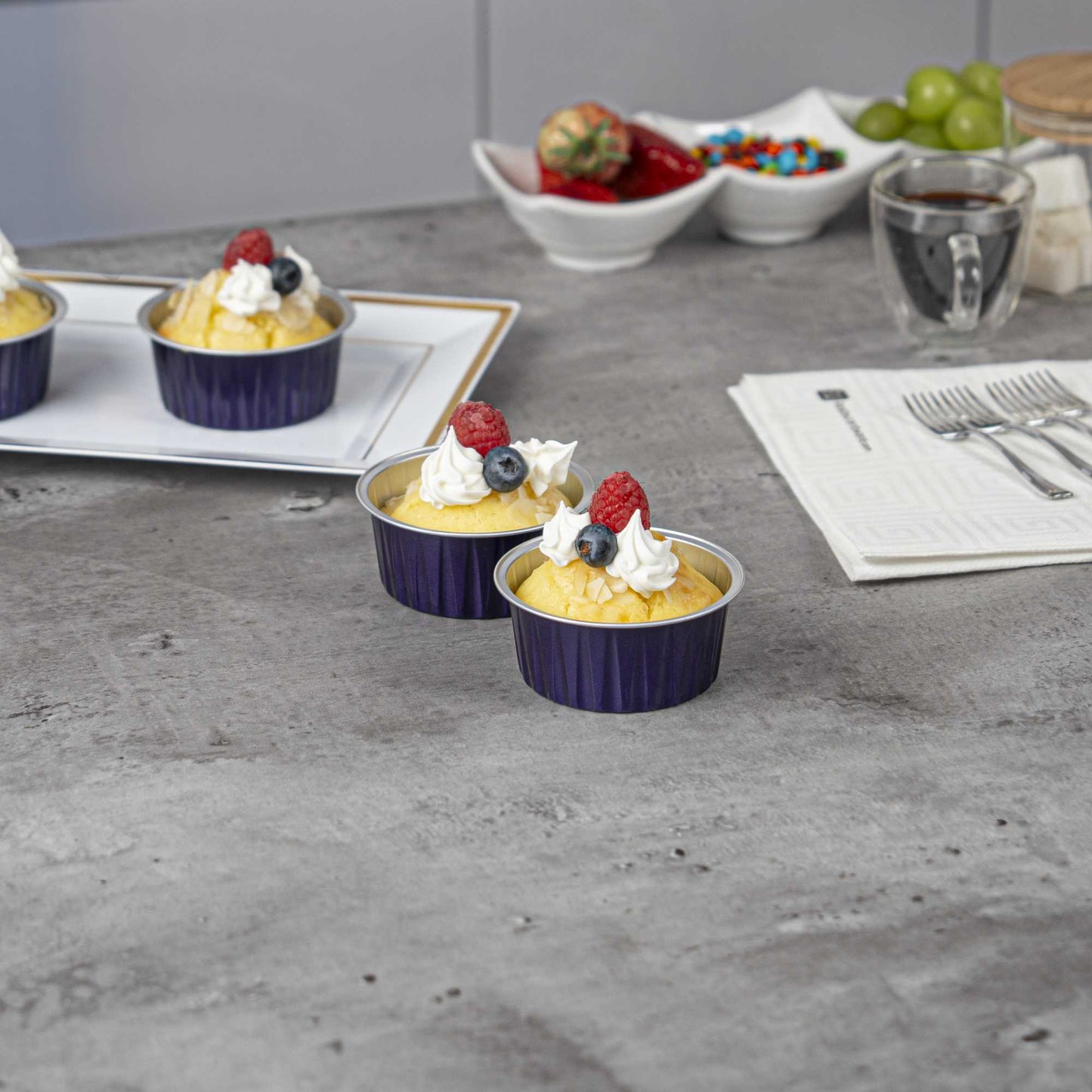 Foil Lux 4 oz Round Purple Aluminum Baking Cup - Lids Available - 3 1/4" x 3 1/4" x 1 1/2" - 100 count box