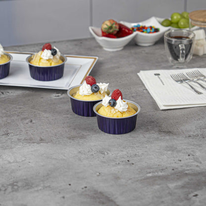 Foil Lux 4 oz Round Purple Aluminum Baking Cup - Lids Available - 3 1/4" x 3 1/4" x 1 1/2" - 100 count box