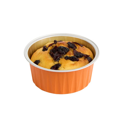 Foil Lux 4 oz Round Orange Aluminum Baking Cup - Lids Available - 3 1/4" x 3 1/4" x 1 1/2" - 100 count box