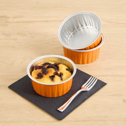 Foil Lux 4 oz Round Orange Aluminum Baking Cup - Lids Available - 3 1/4" x 3 1/4" x 1 1/2" - 100 count box