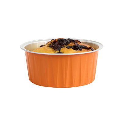 Foil Lux 4 oz Round Orange Aluminum Baking Cup - Lids Available - 3 1/4" x 3 1/4" x 1 1/2" - 100 count box