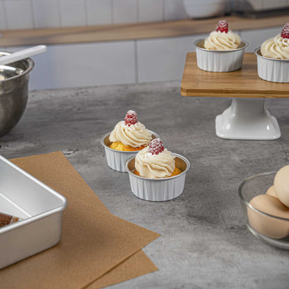 Foil Lux 4 oz Round White Aluminum Baking Cup - Lids Available - 3 1/4" x 3 1/4" x 1 1/2" - 100 count box