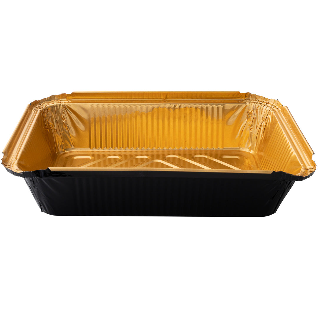 Foil Lux 41 oz Rectangle Black and Gold Aluminum Container - 8 3/4" x 6" x 2 1/4" - 200 count box