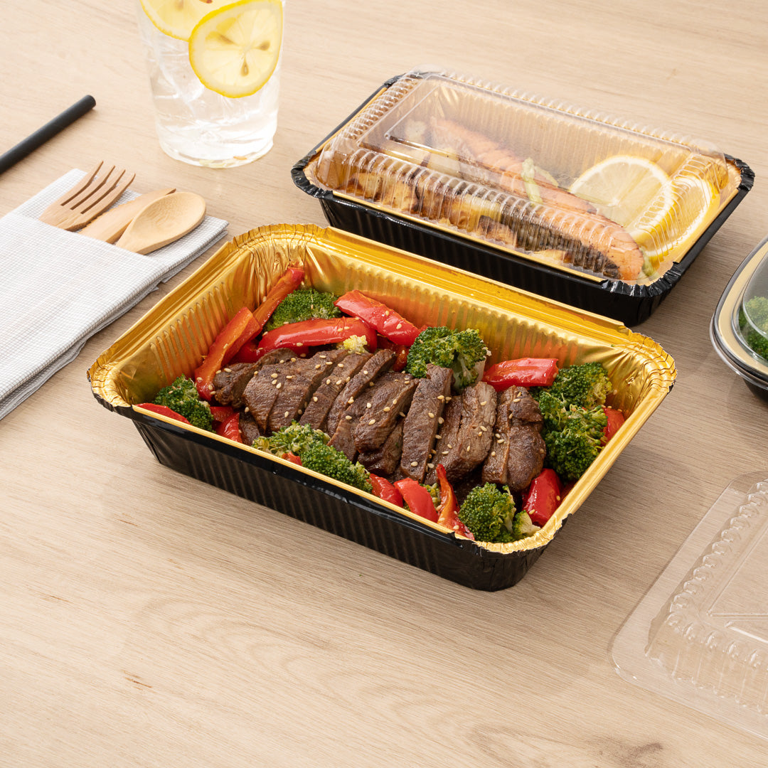 Foil Lux 41 oz Rectangle Black and Gold Aluminum Container - 8 3/4" x 6" x 2 1/4" - 200 count box