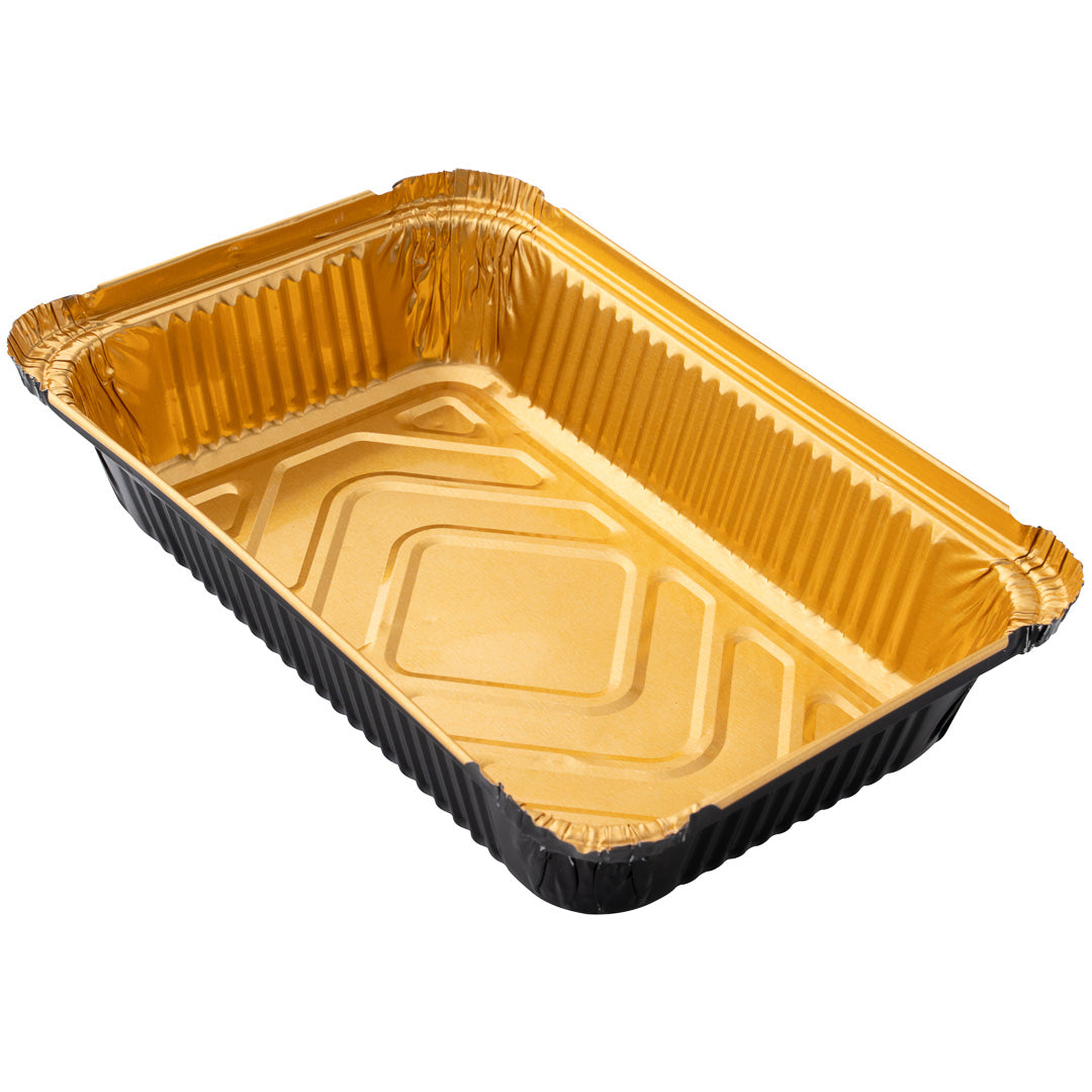 Foil Lux 27 oz Rectangle Black and Gold Aluminum Container - 8 1/4" x 5 3/4" x 1 1/2" - 200 count box