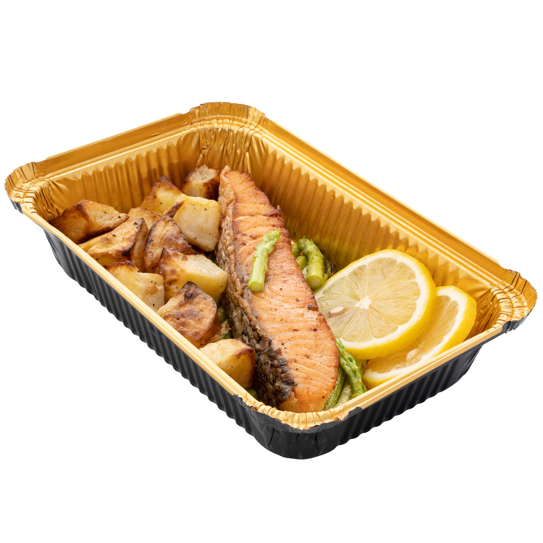 Foil Lux 27 oz Rectangle Black and Gold Aluminum Container - 8 1/4" x 5 3/4" x 1 1/2" - 200 count box
