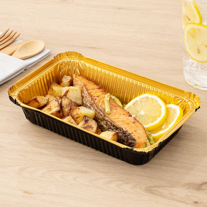 Foil Lux 27 oz Rectangle Black and Gold Aluminum Container - 8 1/4" x 5 3/4" x 1 1/2" - 200 count box